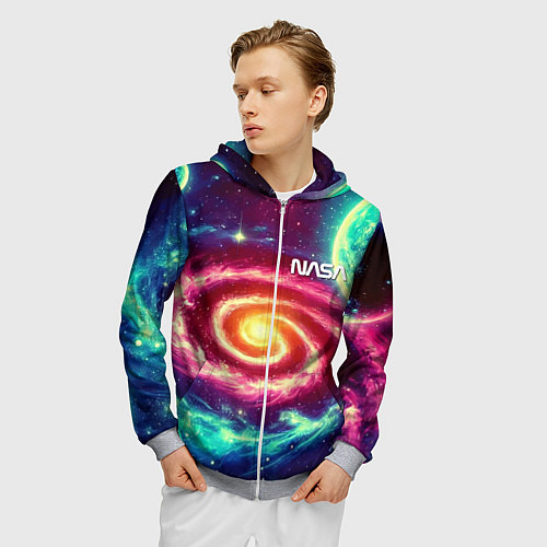 Мужская толстовка на молнии Spiral galaxy - neon glow / 3D-Меланж – фото 3