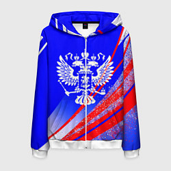 Толстовка 3D на молнии мужская Герб России на фоне цветов флага синий, цвет: 3D-белый