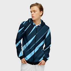 Толстовка 3D на молнии мужская Тёмный бирюзовый контрастные полосы, цвет: 3D-черный — фото 2