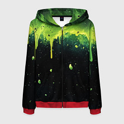 Толстовка 3D на молнии мужская Зеленая стекающая краска по черному фону, цвет: 3D-красный
