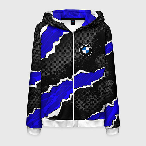 Мужская толстовка на молнии BMW - синие разрывы / 3D-Белый – фото 1