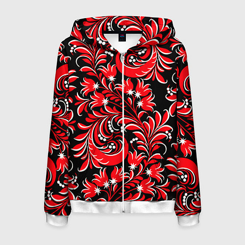 Мужская толстовка на молнии Хохлома - красная роспись / 3D-Белый – фото 1