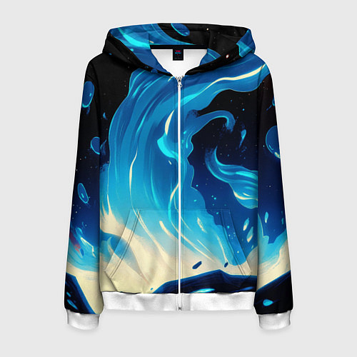Мужская толстовка на молнии Бело-синее пламя из абстрактных красок / 3D-Белый – фото 1