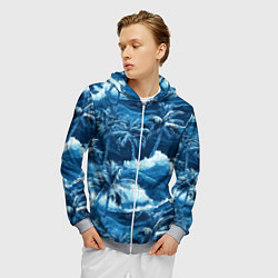 Толстовка 3D на молнии мужская Пальмы и волны - голубые оттенки паттерн, цвет: 3D-меланж — фото 2