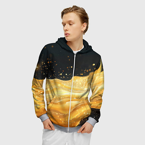 Мужская толстовка на молнии Золотистая материя на черном фоне / 3D-Меланж – фото 3