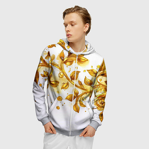 Мужская толстовка на молнии Золотые листья на белом / 3D-Меланж – фото 3