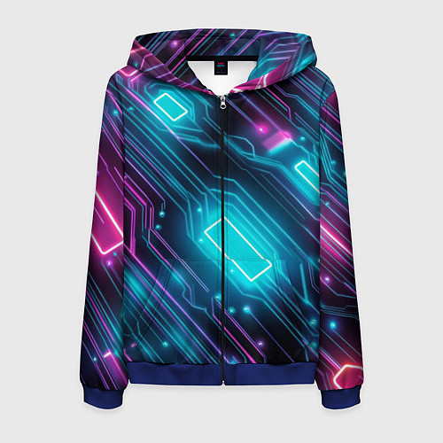 Мужская толстовка на молнии Неоновый узор киберпанк микросхемы / 3D-Синий – фото 1