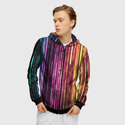 Мужская толстовка на молнии Неоновый и переливающийся киберпанк узор / 3D-Черный – фото 3