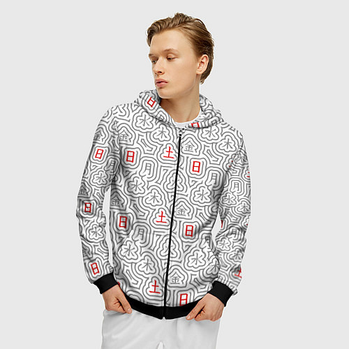 Мужская толстовка на молнии Серые будни и красные выходные иероглифами / 3D-Черный – фото 3