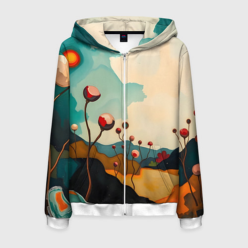 Мужская толстовка на молнии Сюрреалистичный пейзаж с цветами / 3D-Белый – фото 1