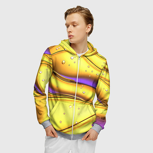 Мужская толстовка на молнии Золотые волны с фиолетовым свечением / 3D-Меланж – фото 3