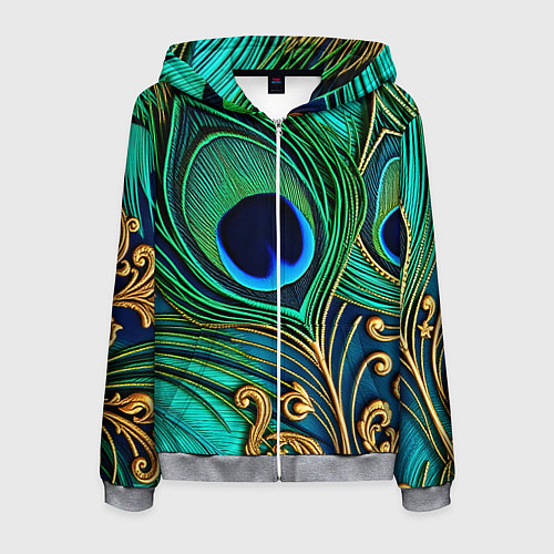 Мужская толстовка на молнии Зеленые перья павлина / 3D-Меланж – фото 1