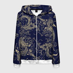 Толстовка 3D на молнии мужская Золотые драконы на синем, цвет: 3D-белый