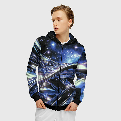 Мужская толстовка на молнии Закрученные линии и звезды - космическая абстракци / 3D-Черный – фото 3