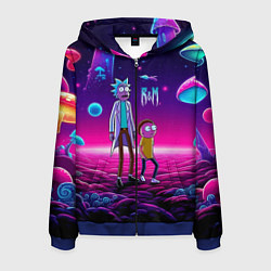 Толстовка 3D на молнии мужская Морти и Рик на планете неоновых сказочных грибов, цвет: 3D-синий