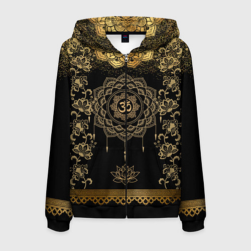Мужская толстовка на молнии Лотос мандала и символ Ом с золотыми узорами / 3D-Черный – фото 1