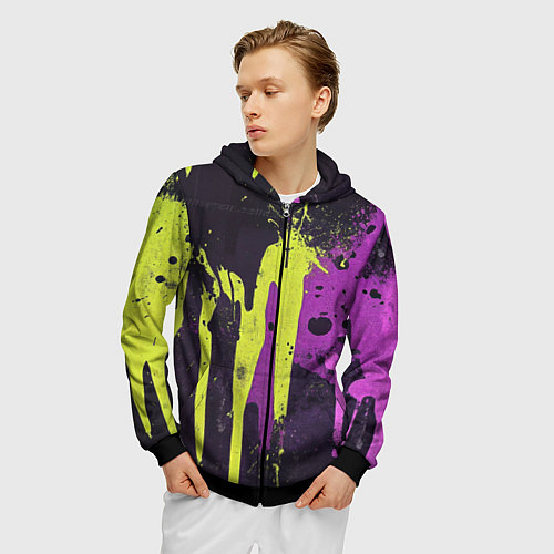 Мужская толстовка на молнии Желтая и фиолетовая краска на черном / 3D-Черный – фото 3
