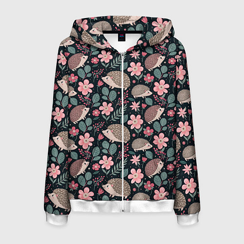 Мужская толстовка на молнии Ёжики в цветах / 3D-Белый – фото 1