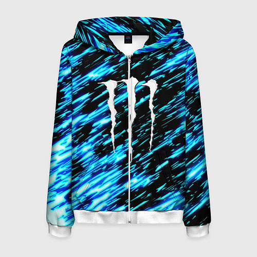 Мужская толстовка на молнии Monster energy штрихи голубых неоновых красок / 3D-Белый – фото 1