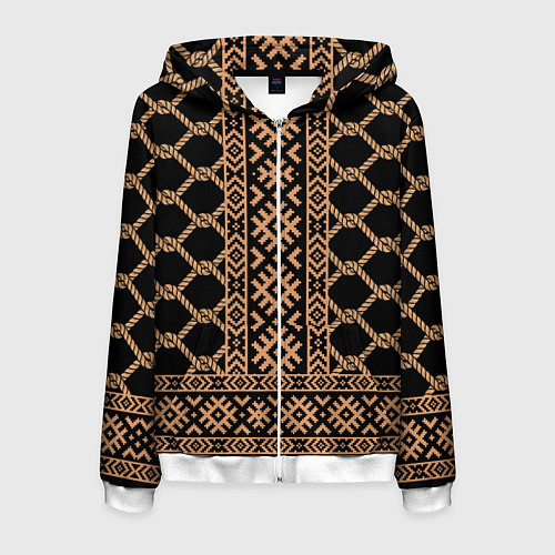 Мужская толстовка на молнии Золотые узоры на черном с канатами - вышиванка руб / 3D-Белый – фото 1