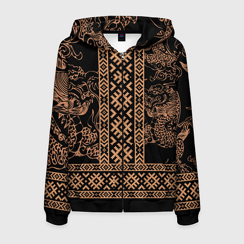 Мужская толстовка на молнии Золотой дракон с узорами славянскими / 3D-Черный – фото 1