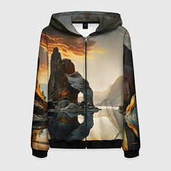 Толстовка 3D на молнии мужская Горное озеро со скалами, цвет: 3D-черный