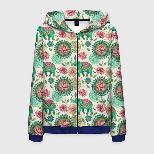 Мужская толстовка на молнии Слоны и мандалы паттерн в индийской стилистике / 3D-Синий – фото 1