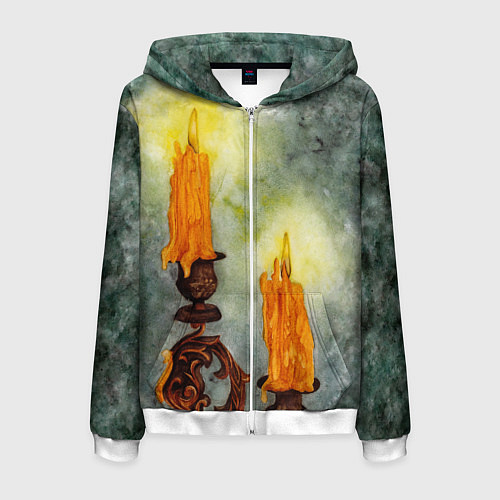 Мужская толстовка на молнии Две горящие свечи в темноте / 3D-Белый – фото 1