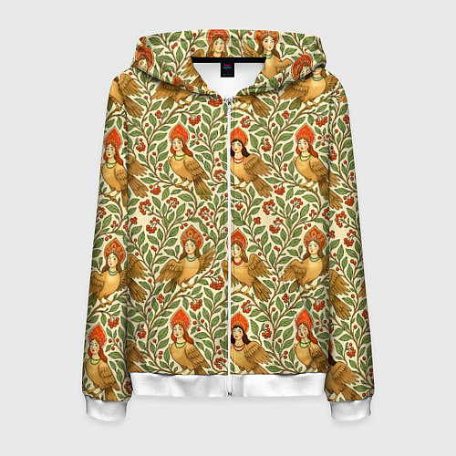 Мужская толстовка на молнии Птицы сирин на ветках / 3D-Белый – фото 1