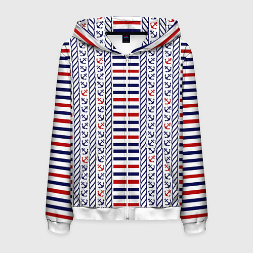 Мужская толстовка на молнии Полосатый морской орнамент с якорями / 3D-Белый – фото 1