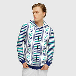 Толстовка 3D на молнии мужская Морской орнамент с якорями и полосками, цвет: 3D-синий — фото 2
