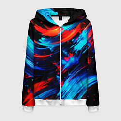 Толстовка 3D на молнии мужская Синие и красные мазки краски на черном, цвет: 3D-белый