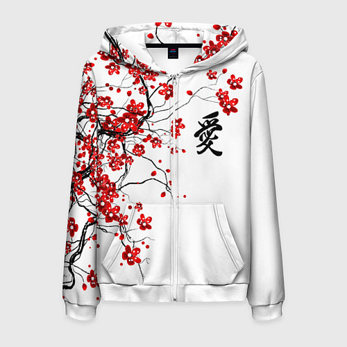 Мужская толстовка на молнии Сакура с иероглифом Любовь / 3D-Белый – фото 1