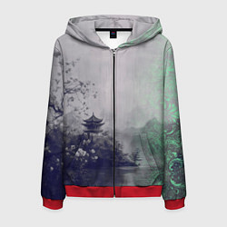 Толстовка 3D на молнии мужская Рыбацкий домик на берегу озера, цвет: 3D-красный