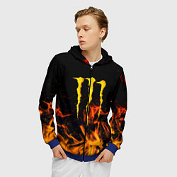 Толстовка 3D на молнии мужская Monster energy orange fire, цвет: 3D-синий — фото 2
