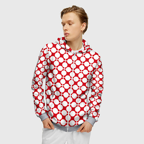 Мужская толстовка на молнии Красно белый узор в клетку и горох / 3D-Меланж – фото 3