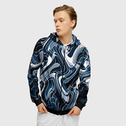 Мужская толстовка на молнии Тёмно-синий искажённая абстракция / 3D-Черный – фото 3