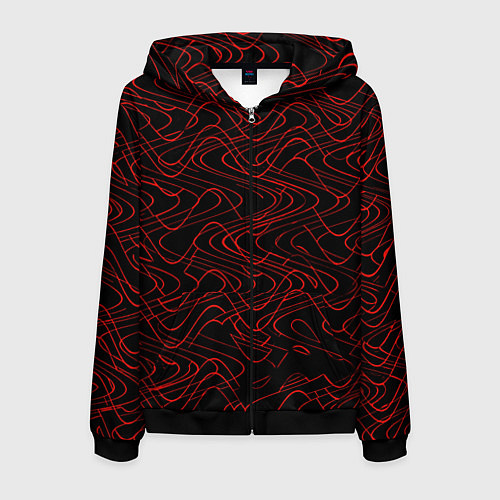 Мужская толстовка на молнии Чёрный с красными волнистыми линиями абстракция / 3D-Черный – фото 1