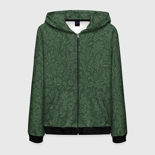 Мужская толстовка на молнии Благородный тёмно-зелёный цветочный однотонный / 3D-Черный – фото 1