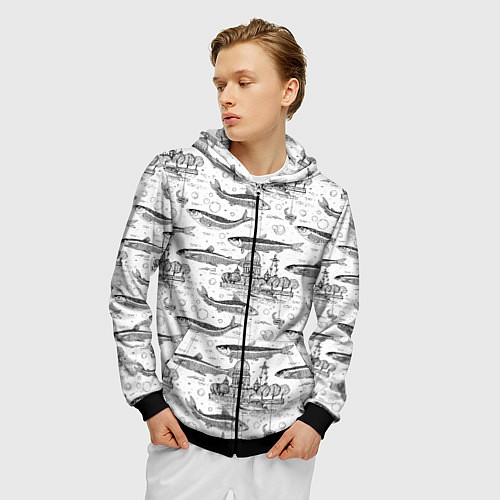 Мужская толстовка на молнии Корюшка и рыбалка в Питере паттерн / 3D-Черный – фото 3