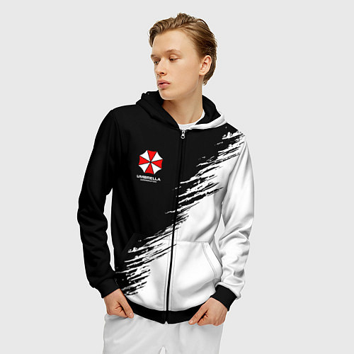 Мужская толстовка на молнии Umbrella Corp - black and white / 3D-Черный – фото 3
