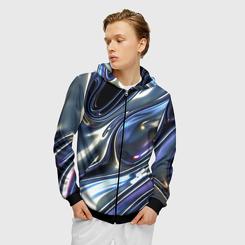 Мужская толстовка на молнии Серебро жидкий металл / 3D-Черный – фото 3