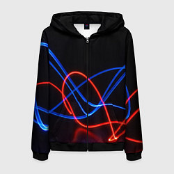 Мужская толстовка на молнии Красно синие неоновые линии на черном фоне