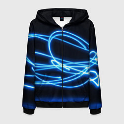 Толстовка 3D на молнии мужская Неоновые голубые волны на черном фоне, цвет: 3D-черный