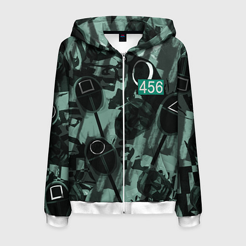 Мужская толстовка на молнии Номер 456 на фоне масок игры в кальмара / 3D-Белый – фото 1