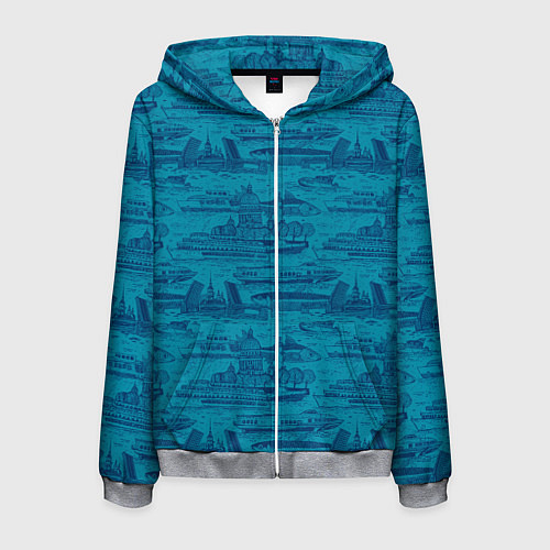 Мужская толстовка на молнии Корюшка пошла по Неве на синем фоне / 3D-Меланж – фото 1