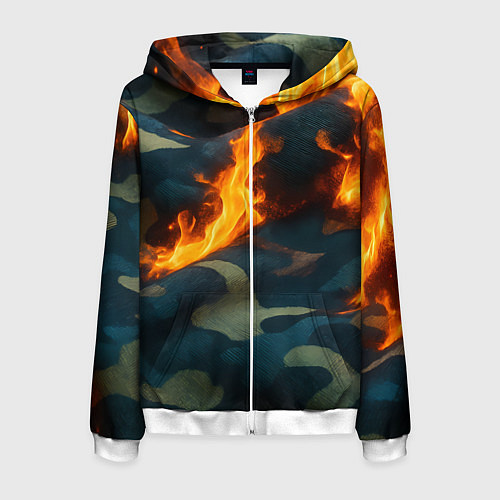 Мужская толстовка на молнии Огонь на камуфляжной ткани / 3D-Белый – фото 1