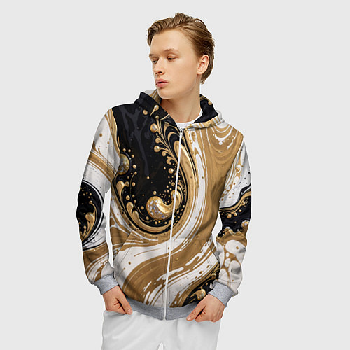 Мужская толстовка на молнии Черный агат и жидкое золото / 3D-Меланж – фото 3