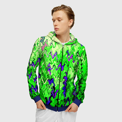 Мужская толстовка на молнии Ярко-зелёный стекающая абстаркция / 3D-Синий – фото 3