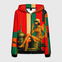 Толстовка 3D на молнии мужская Милитари девушка на оружейной башне ретрофутуризм, цвет: 3D-черный